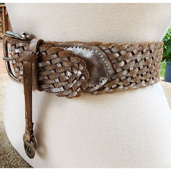 Michael Kors Distressed Braided Leather Belt Wide Western Boho Silver Charm L main image 12